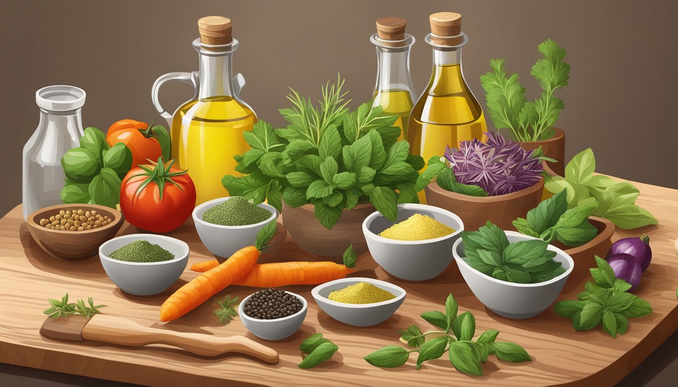 A variety of fresh herbs and spices scattered on a wooden cutting board, alongside a bowl of colorful vegetables and a bottle of olive oil