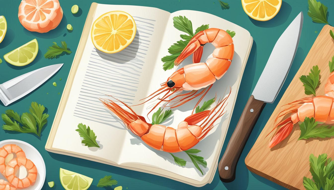 A kitchen counter with a cutting board, knife, and fresh shrimp. A recipe book open to a page on how to cook shrimp