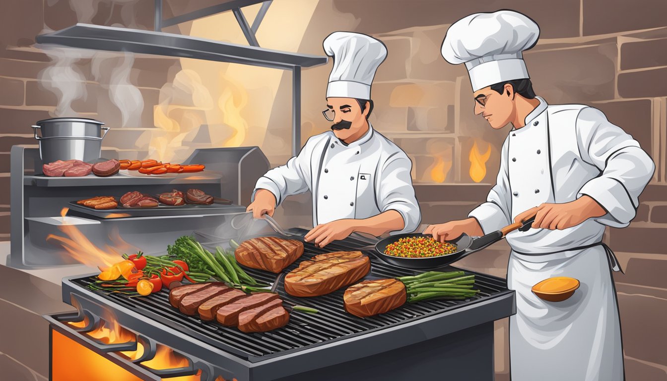 A chef seasoning and grilling various meats and vegetables on a sizzling hot grill