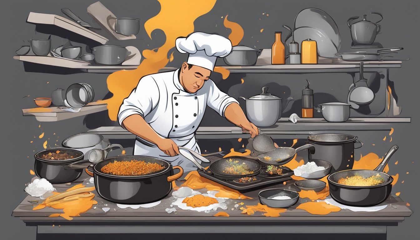 A chef surrounded by spilled ingredients and burnt pans, trying to salvage a ruined dish