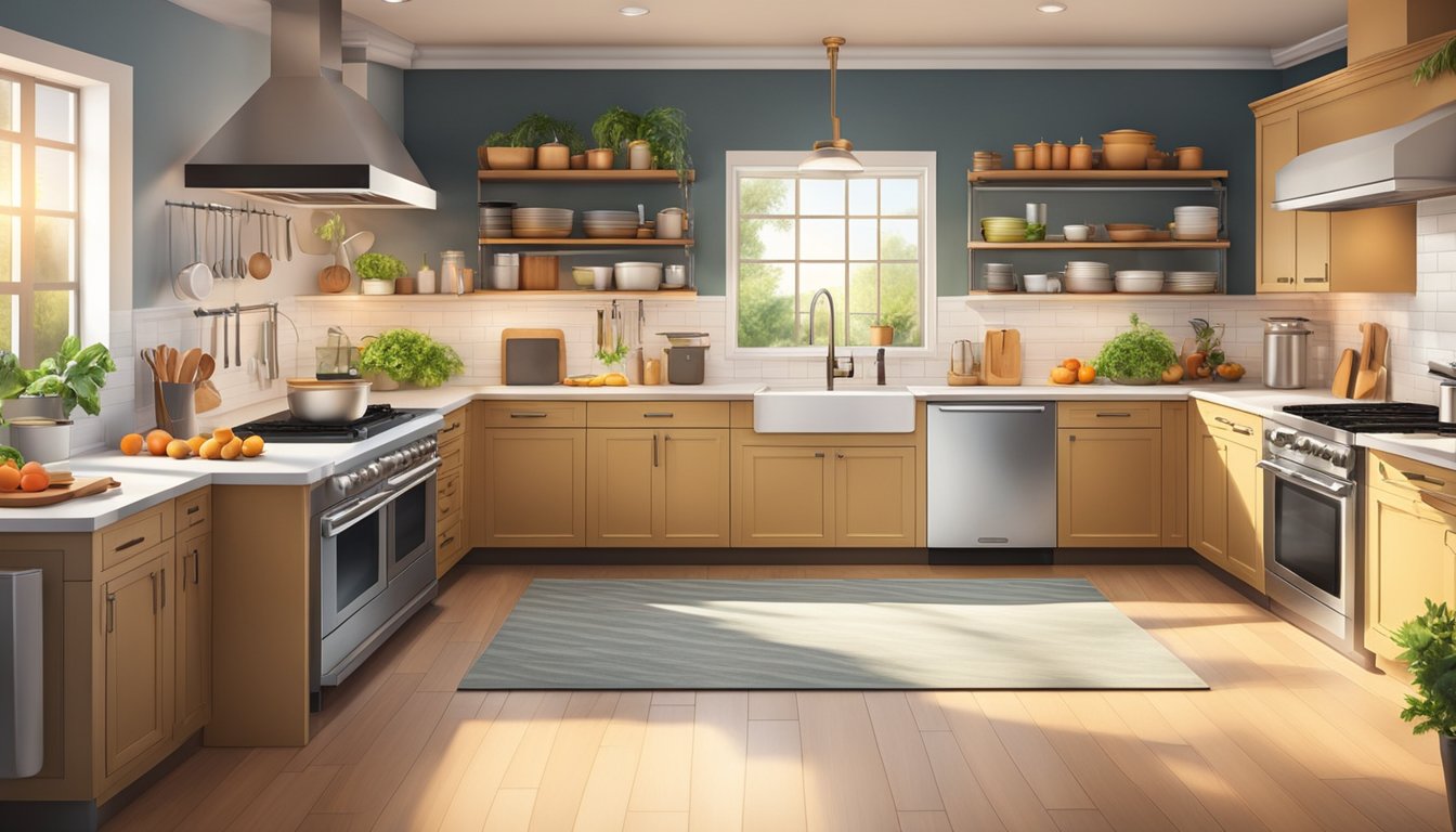 A well-stocked kitchen with fresh ingredients, a spacious countertop, and modern cooking appliances, surrounded by the warm glow of natural light