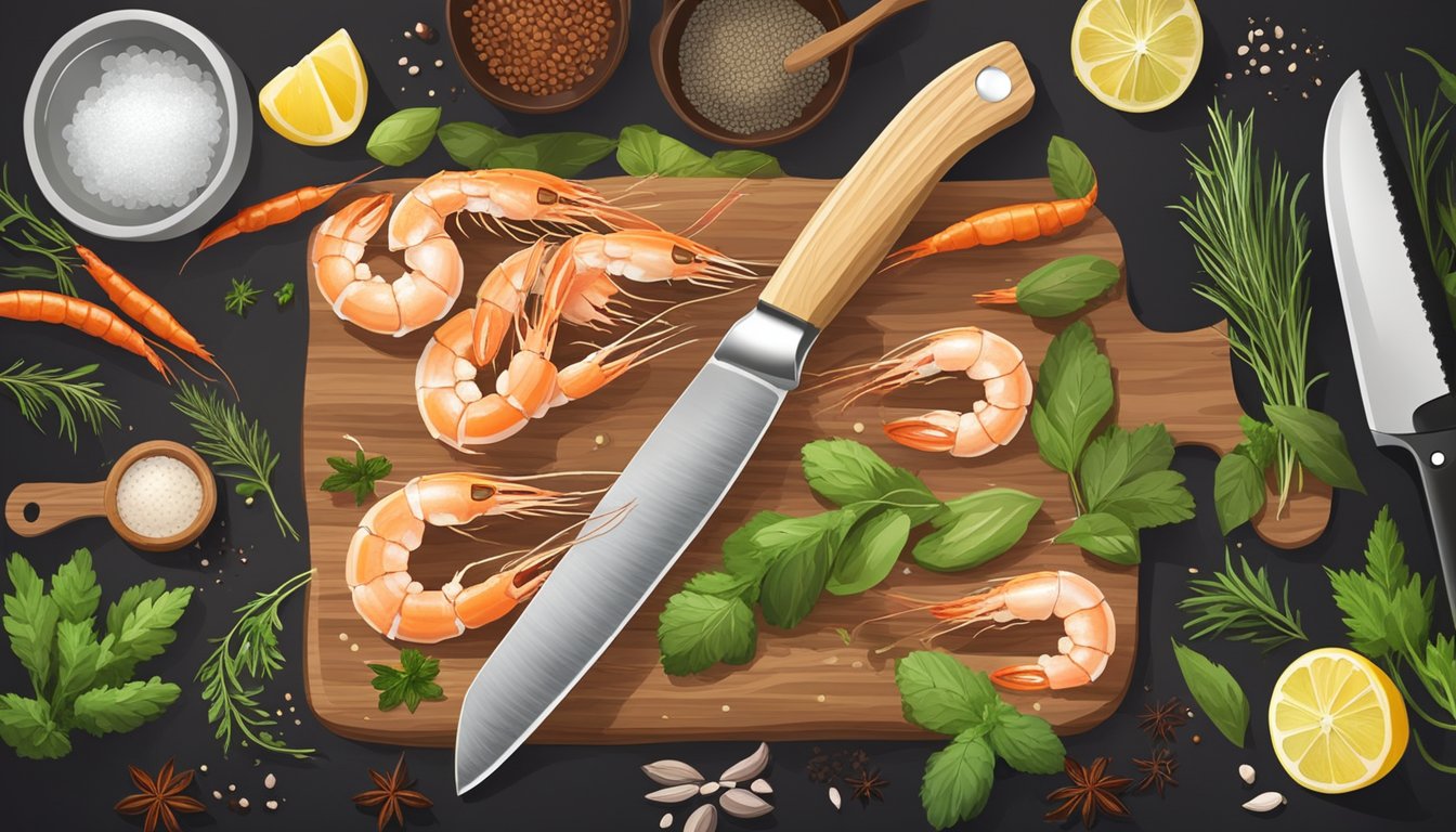 A chef's knife cutting fresh shrimp on a wooden cutting board, surrounded by various herbs and spices. A pot of boiling water and a skillet sit nearby