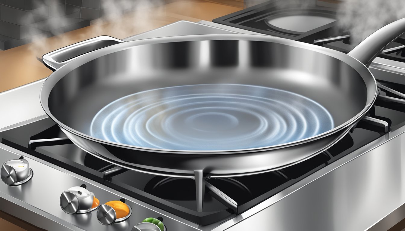 A stainless steel pan sizzling on a gas stove, steam rising from the food as it cooks to perfection