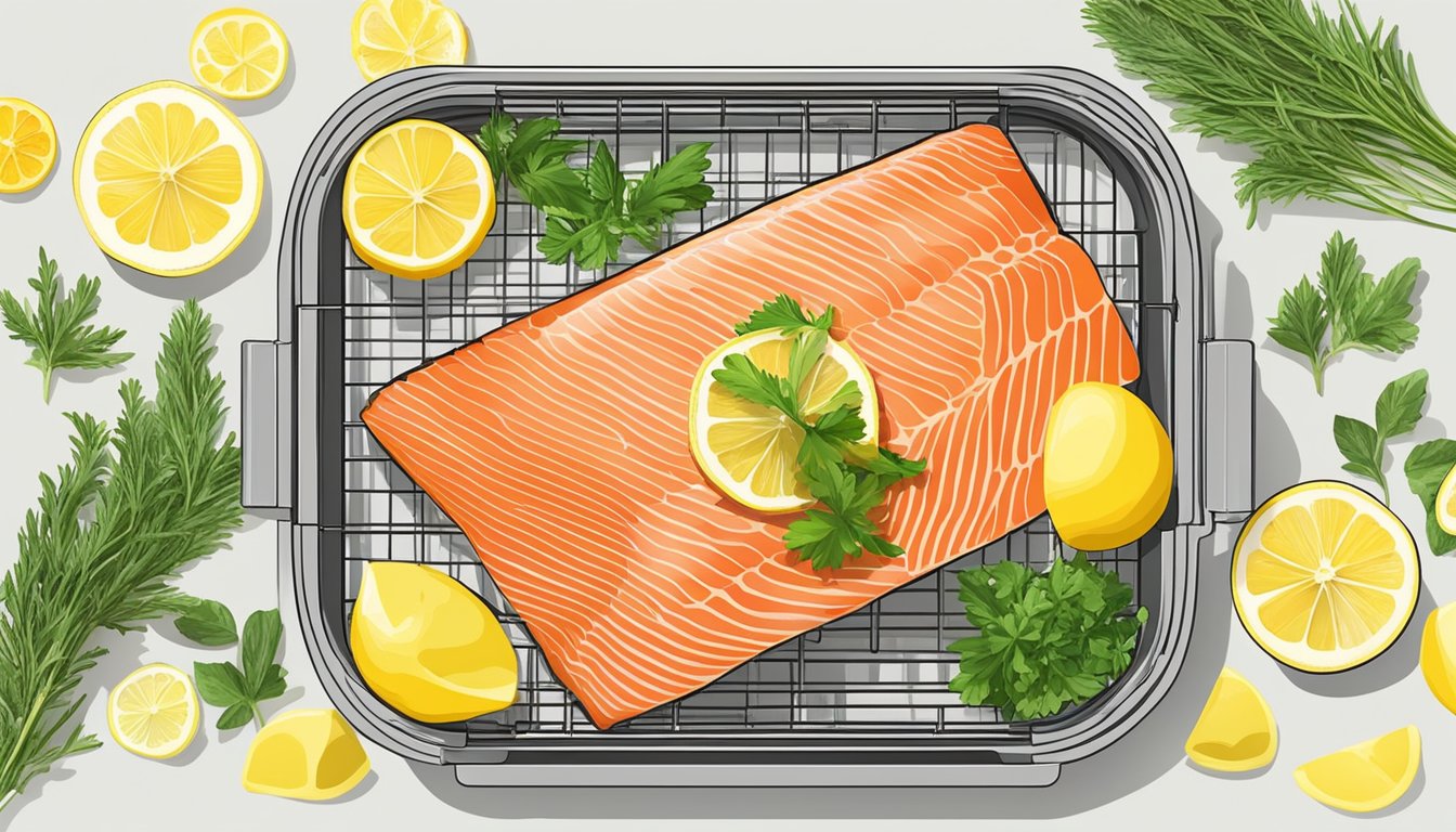 Fresh salmon fillet in an air fryer basket surrounded by lemon slices and herbs, with a digital display showing cooking time and temperature