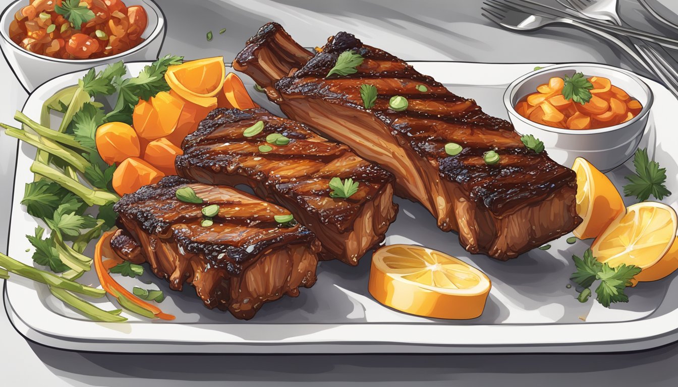 A pair of perfectly grilled ribs, glistening with a savory glaze, resting on a clean white platter, surrounded by vibrant garnishes