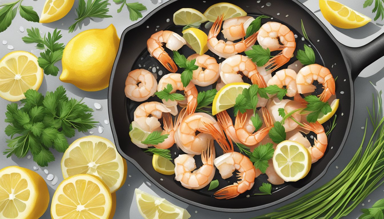 A skillet sizzling with raw shrimp being tossed in garlic and butter, surrounded by fresh herbs and lemon slices