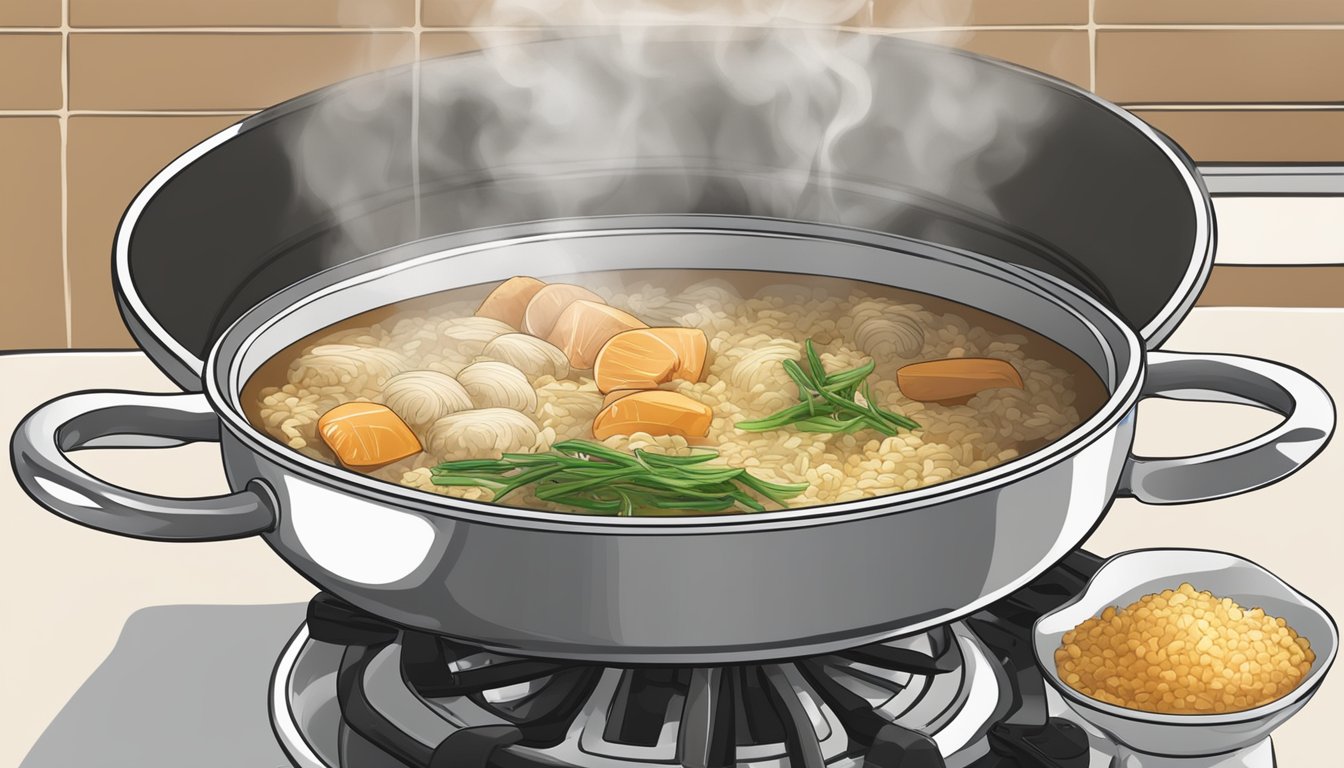 A pot simmering on a stovetop, filled with rice and flavorful broth. Steam rising, lid slightly ajar. Ingredients nearby