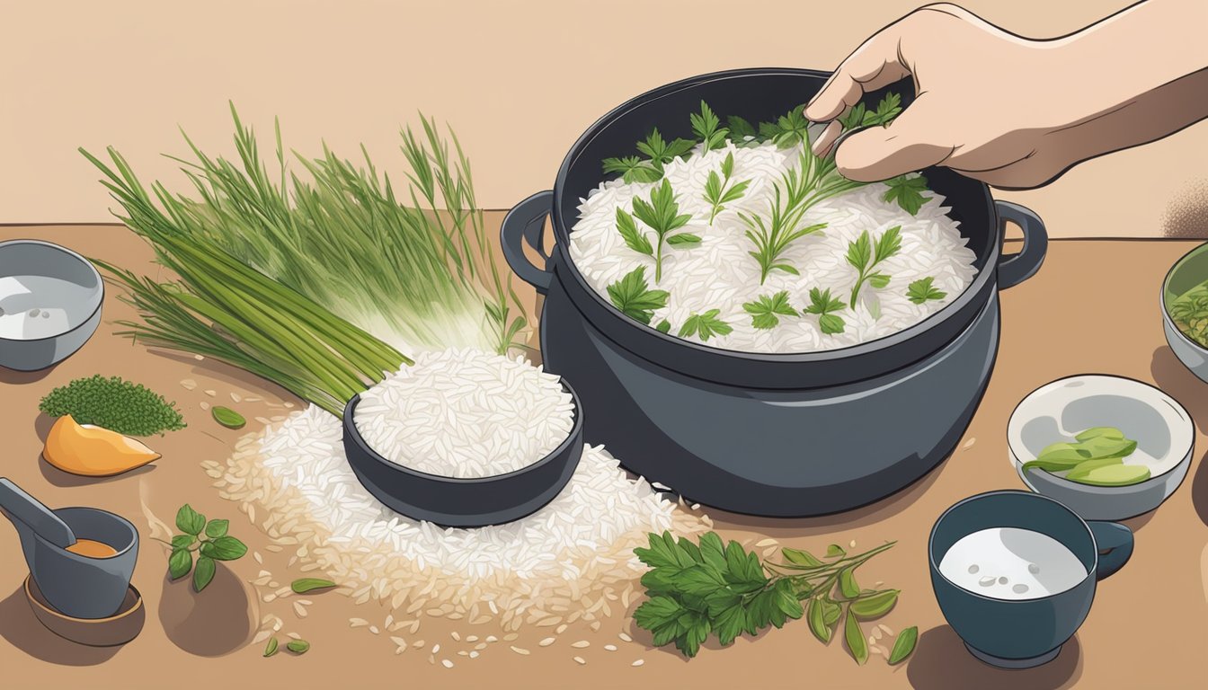 A hand sprinkling herbs onto a steaming pot of rice