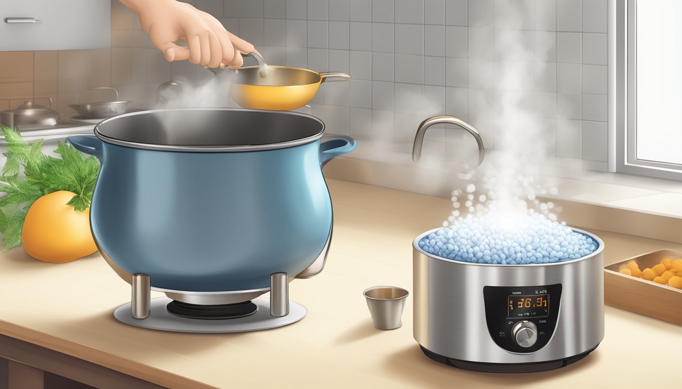 A pot of boiling water with grains of rice being poured in, a timer set, and steam rising