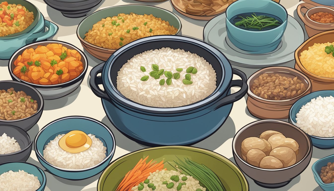 A steaming pot of perfectly cooked rice sits next to a colorful array of various dishes, ready to be paired and enjoyed