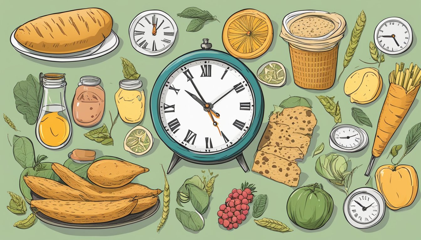 A clock with hands at 12 and 6, surrounded by various food items, symbolizing the concept of intermittent fasting and its impact on the future