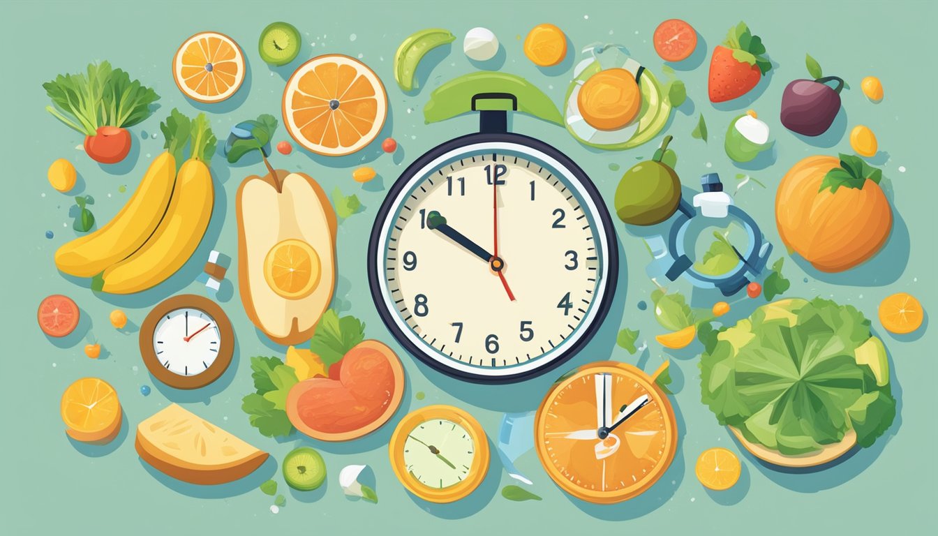 A clock showing different time intervals with healthy food and exercise symbols surrounding it