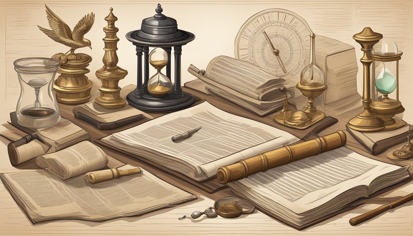 A table with ancient scrolls and modern research papers, surrounded by hourglasses and a sundial, symbolizing the history of intermittent fasting