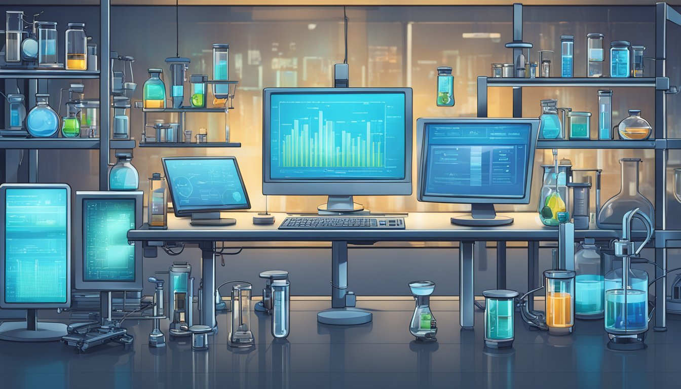 A laboratory setting with futuristic equipment and technology, including test tubes, microscopes, and computer screens displaying data on intermittent fasting research