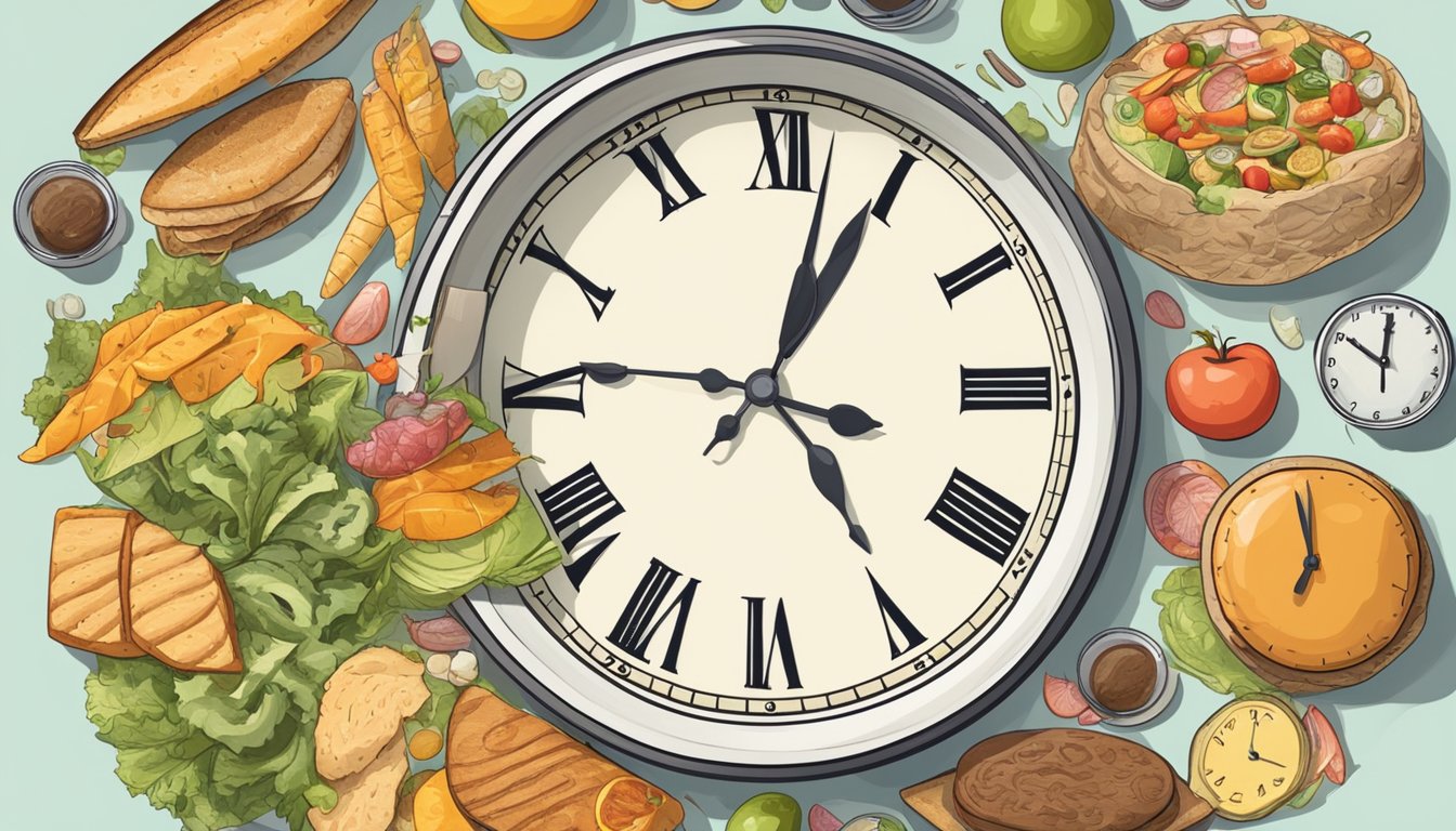 A clock surrounded by various types of food, with a clear divide between periods of eating and fasting