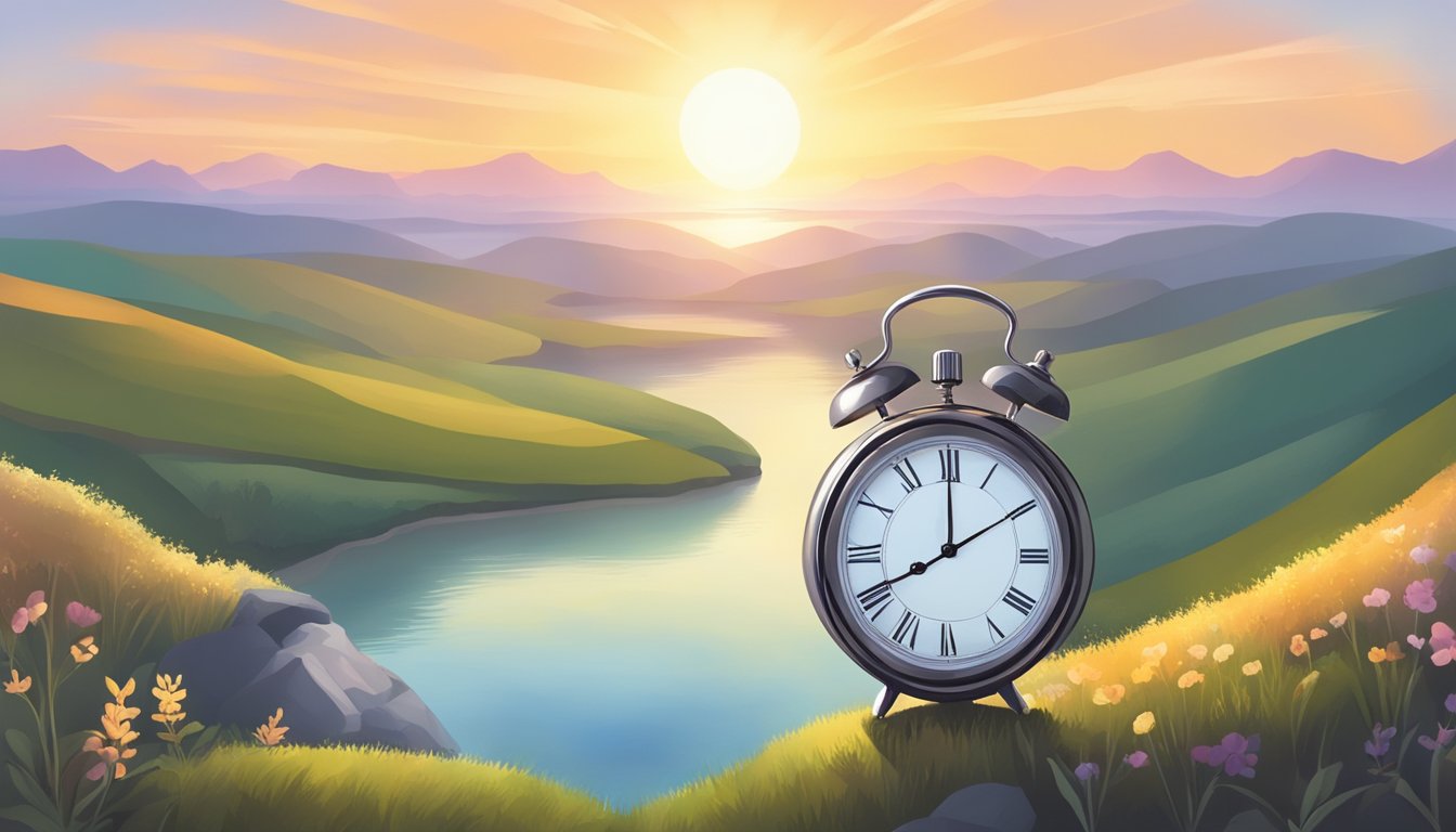 A serene sunrise over a tranquil landscape, with a clock indicating the passage of time