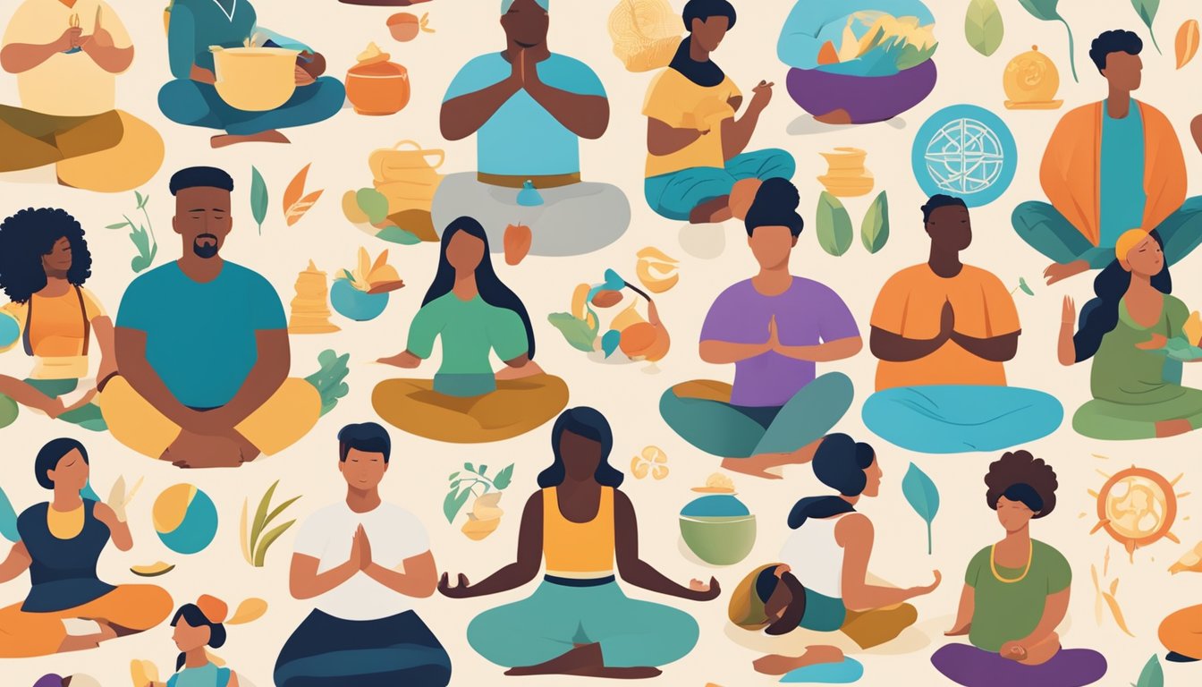 A diverse group of people engaging in various activities, such as exercising, cooking, and meditating, while surrounded by symbols representing different cultures and lifestyles