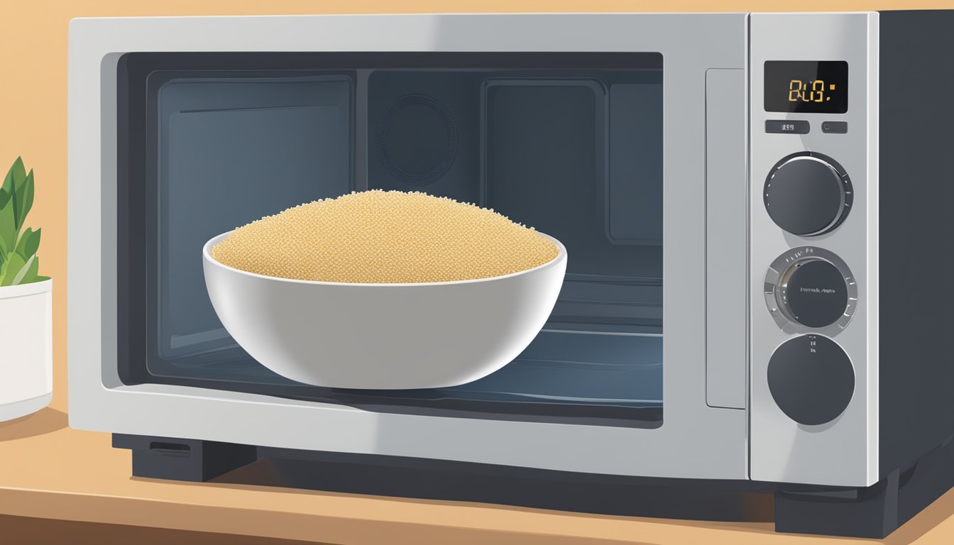 A microwave-safe bowl filled with quinoa and water sits inside the microwave. The digital display shows the cooking time counting down