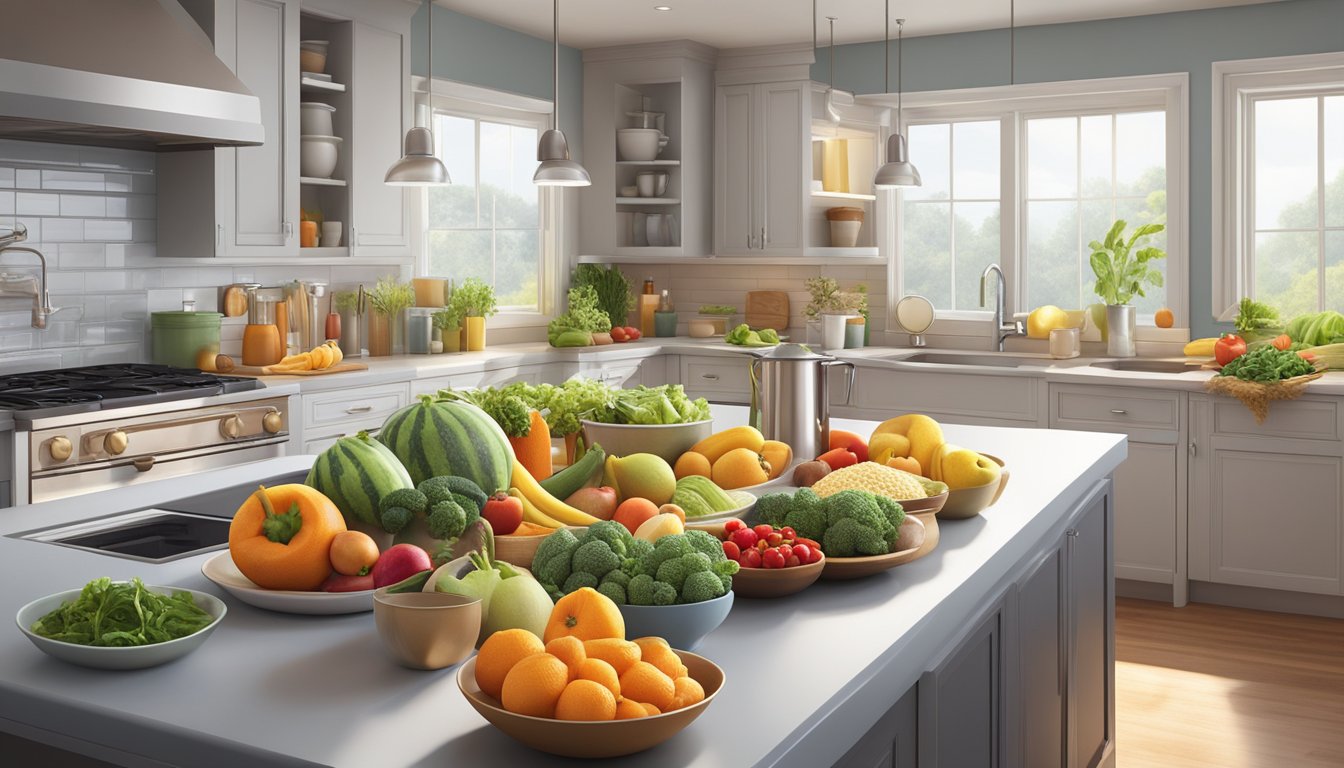 A colorful array of fresh fruits, vegetables, and whole grains arranged on a clean, modern kitchen counter. A pot of steaming soup and a vibrant salad complete the scene