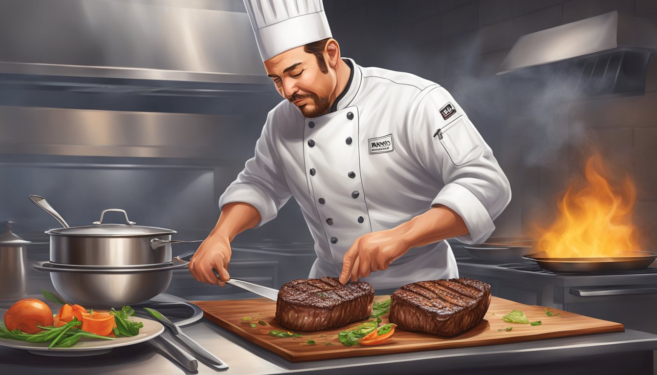 A chef expertly seasons a sizzling steak, releasing a mouthwatering aroma