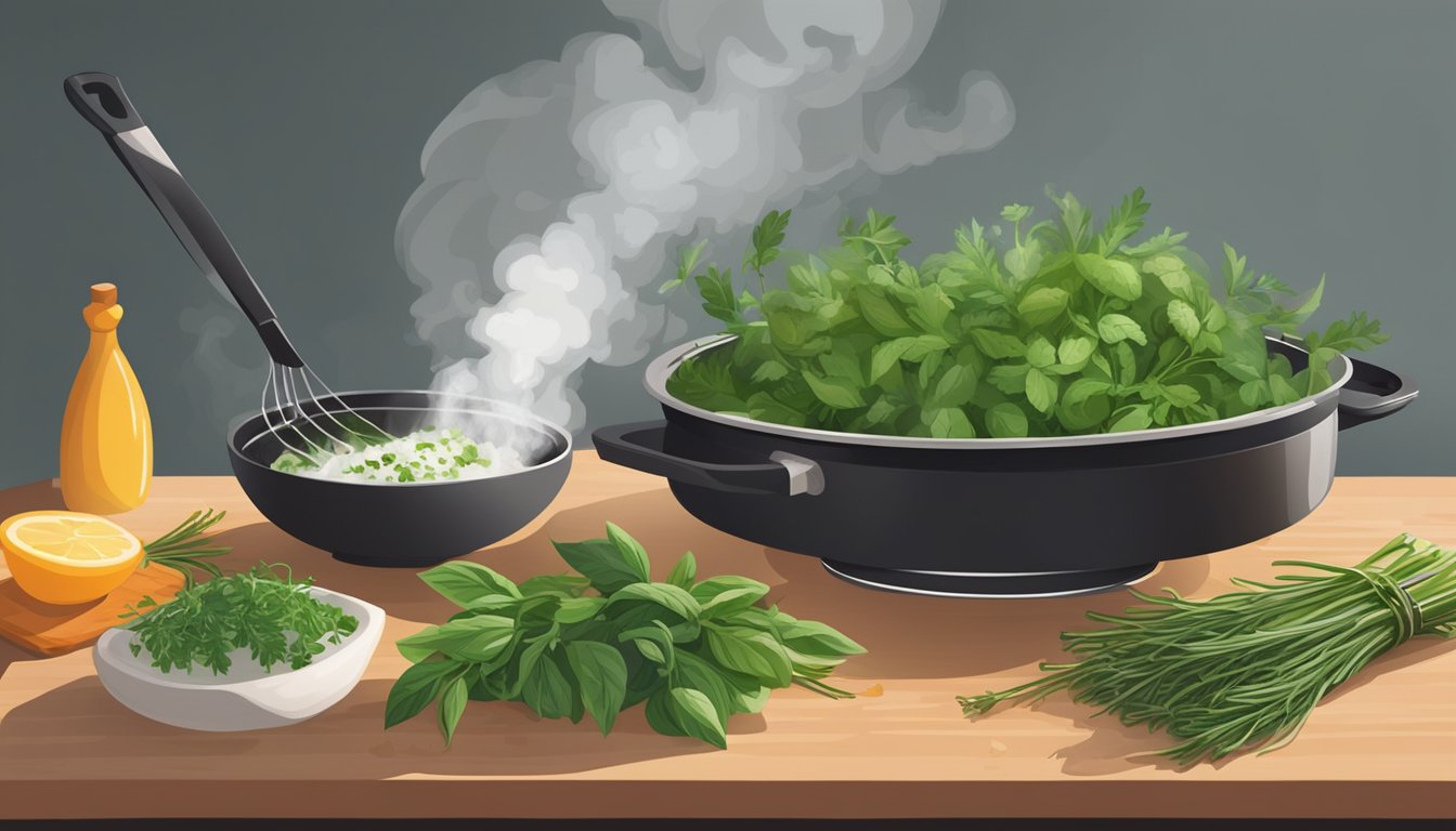 Fresh herbs being chopped, a sizzling pan, and steam rising from a perfectly cooked dish