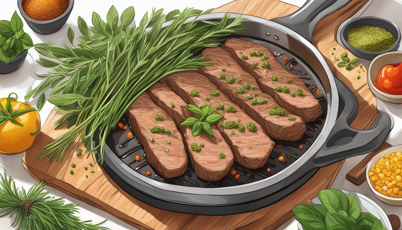 Fresh herbs and spices being sprinkled onto a sizzling skillet of juicy meat