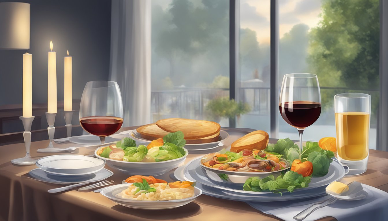 A beautifully set table with a steaming plate of food and a glass of wine