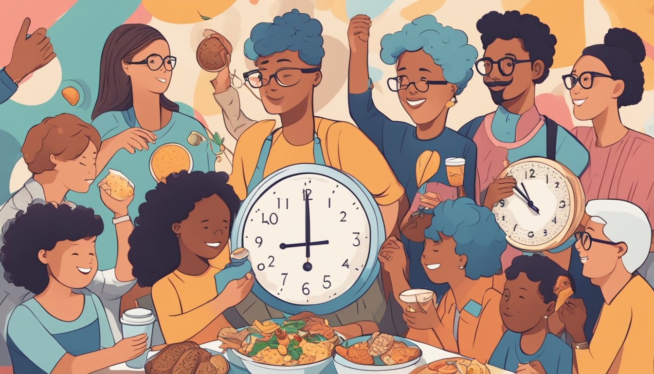 A diverse group of individuals of different ages and backgrounds engaging in various creative activities, surrounded by symbols of intermittent fasting such as clocks and food items