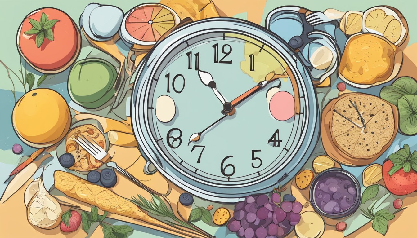 An artist's palette surrounded by various foods and a clock, symbolizing the link between intermittent fasting and enhanced creativity