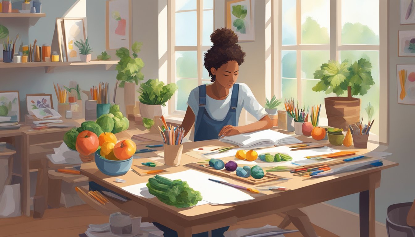 A person sitting at a desk, surrounded by art supplies and a blank canvas. The room is filled with natural light, and there are fresh fruits and vegetables on the table