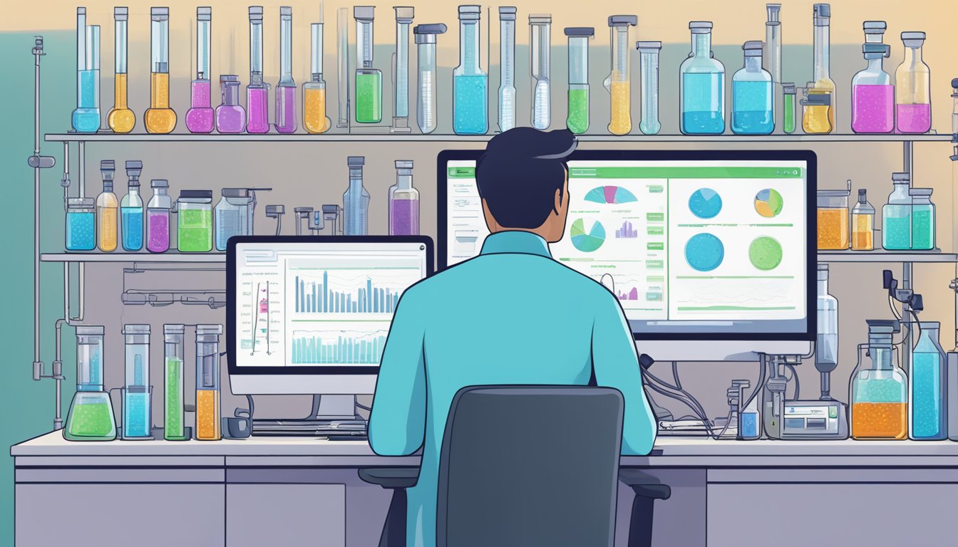 A laboratory setting with test tubes and equipment, with a researcher examining data on a computer screen related to the impact of intermittent fasting on adrenal health