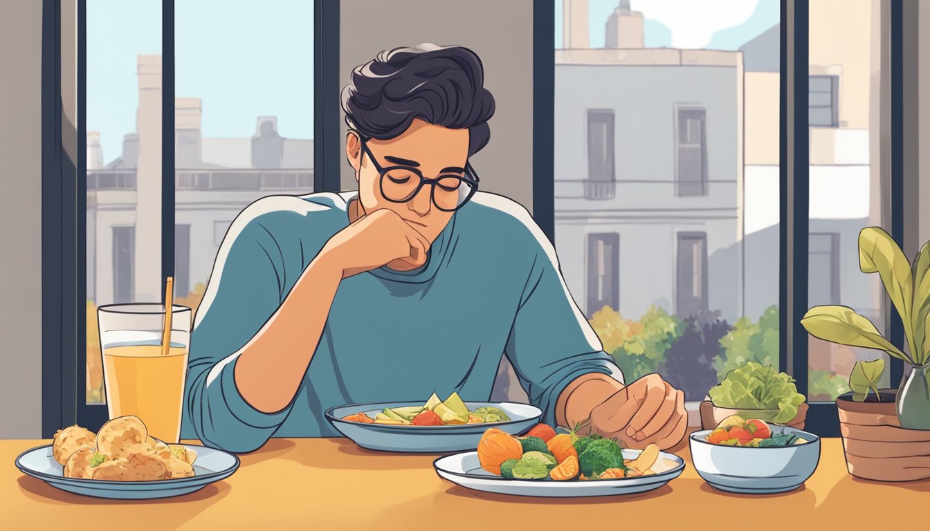 A person sitting at a table with a plate of food, politely declining offers of snacks and drinks from friends while practicing intermittent fasting