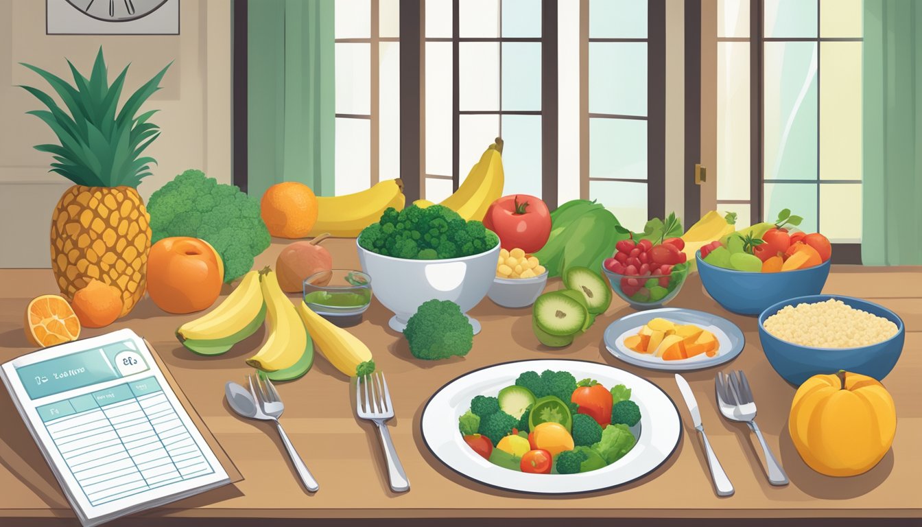 A table with a balanced meal plan of fruits, vegetables, and lean proteins, alongside a clock showing specific eating windows for intermittent fasting