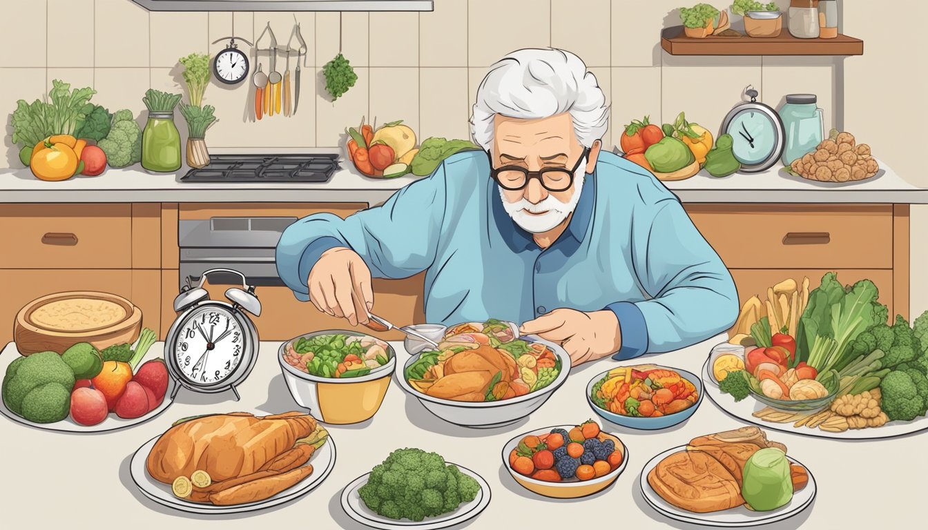 A senior person carefully measuring food portions for intermittent fasting, surrounded by a variety of healthy food options and a clock indicating the fasting window