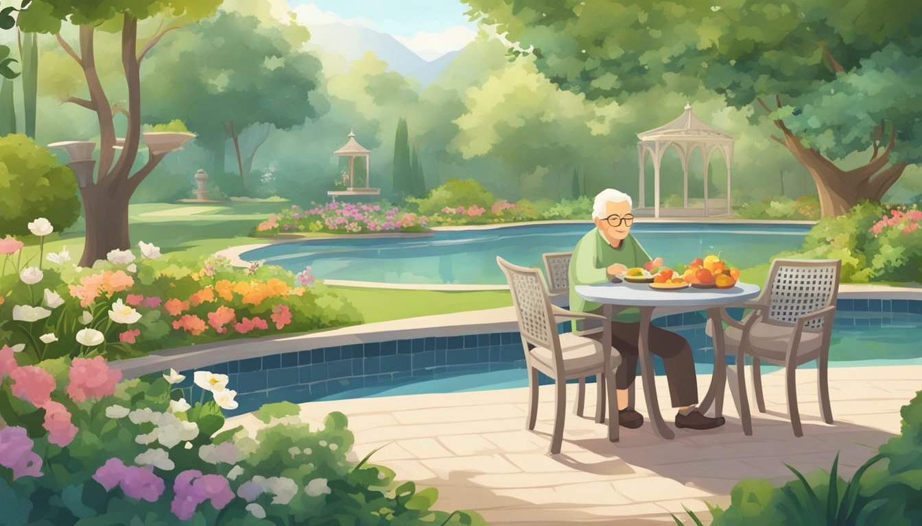 A serene garden with a peaceful elderly figure practicing intermittent fasting while engaging in various lifestyle activities