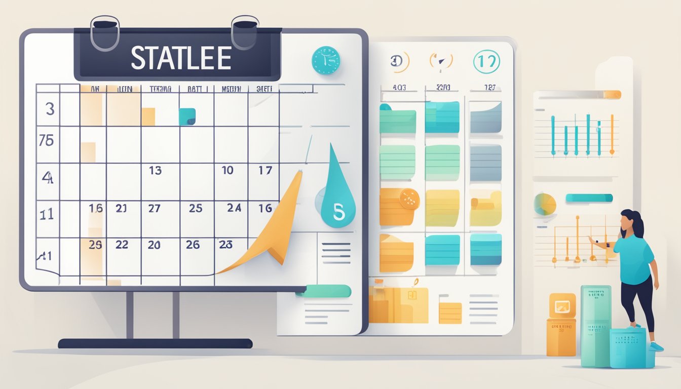 A calendar with marked dates, a scale showing weight loss, and a graph displaying improved health markers