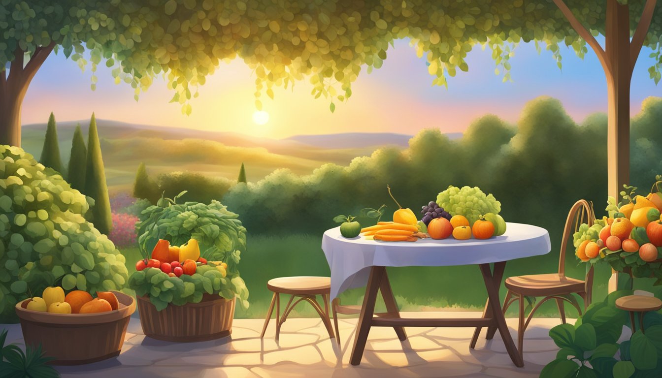 A serene garden with a small table set for one, surrounded by healthy, colorful fruits and vegetables. The sun is setting, casting a warm glow over the scene