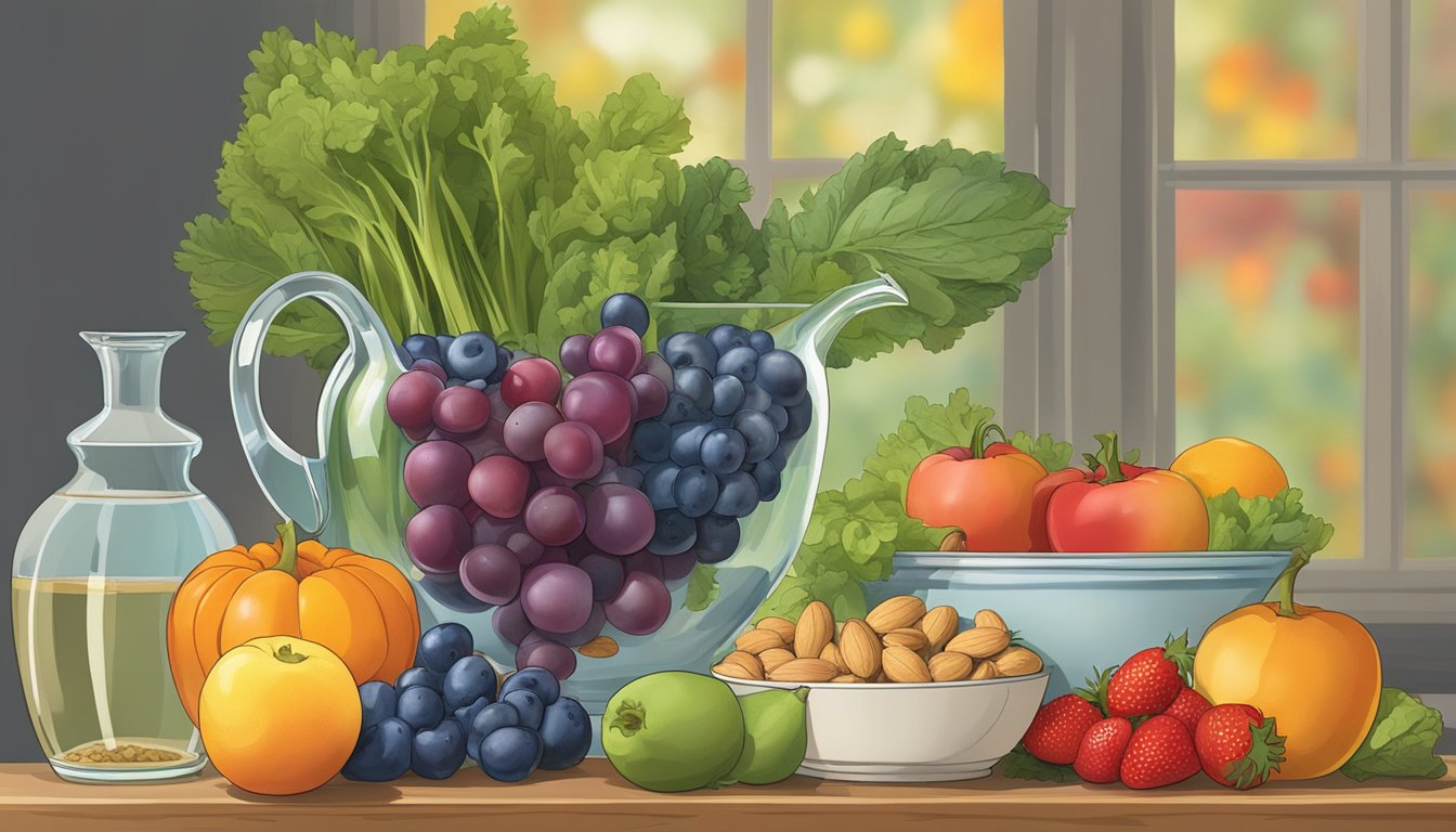 A table filled with fresh fruits, vegetables, nuts, and grains, with a clear pitcher of water, set against a backdrop of changing seasonal colors