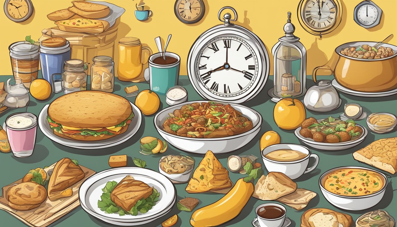 A table with various types of food and a clock showing different times of the day, surrounded by caution signs and warning symbols