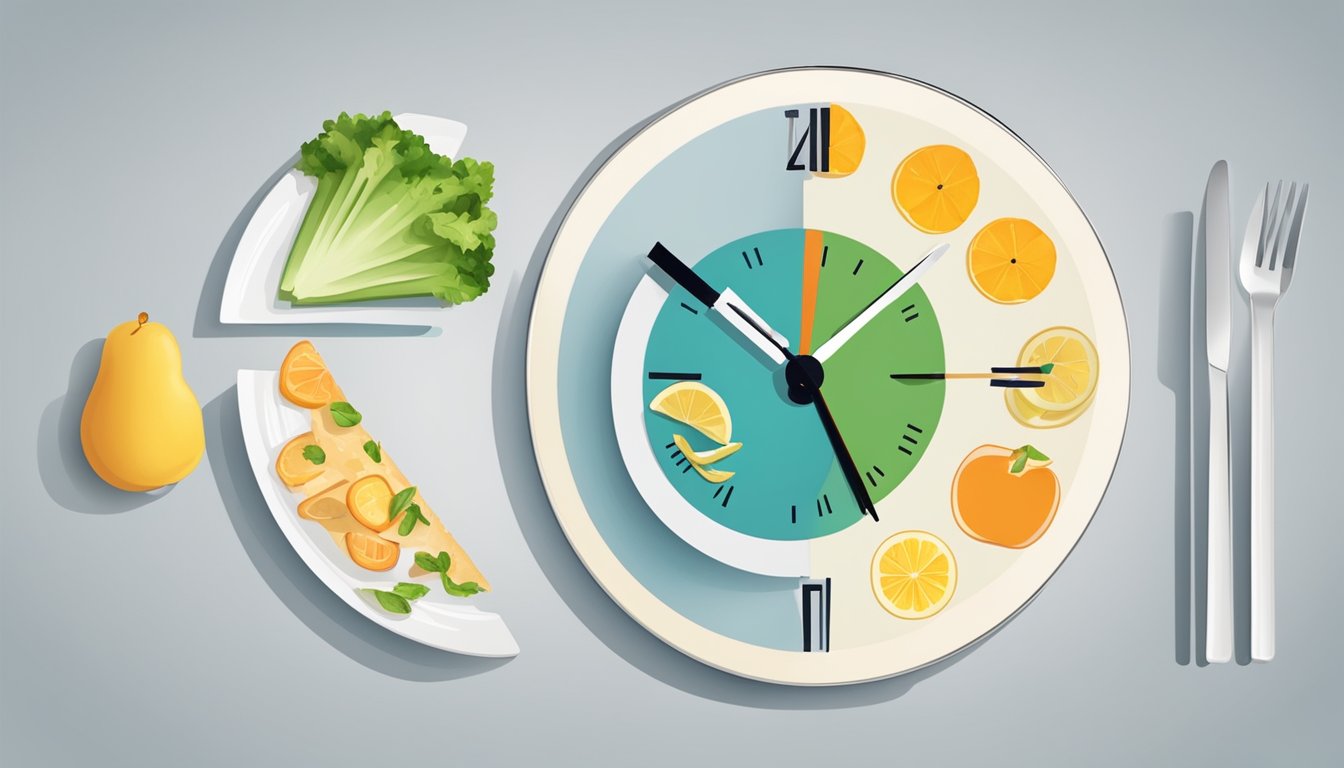 A clock showing the passage of time, a plate with food, and an empty plate symbolizing intermittent fasting strategies