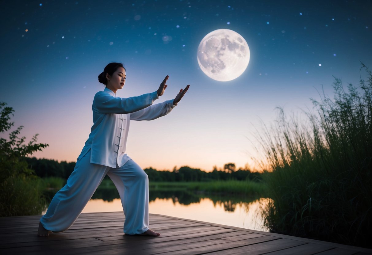 A serene figure practicing Tai Chi under a moonlit sky, surrounded by tranquil nature