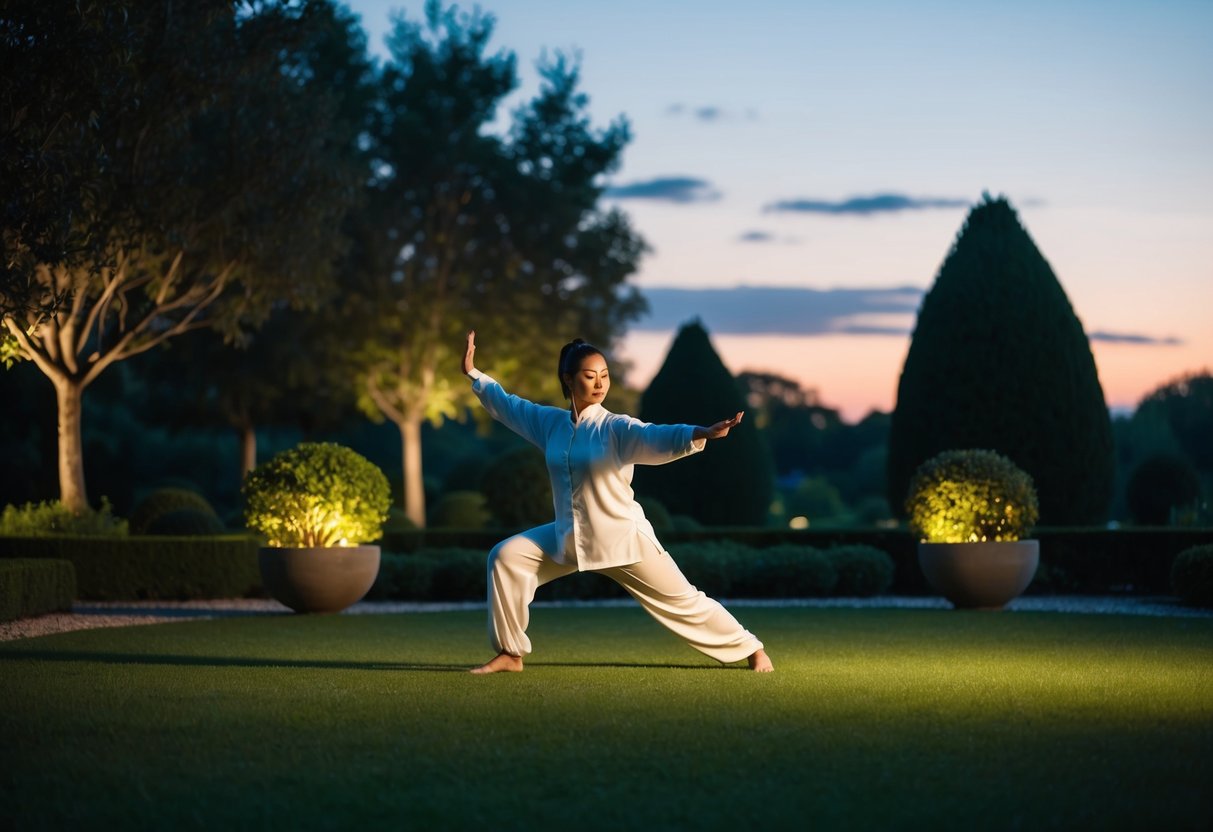 A serene garden at dusk, with a figure practicing Tai Chi in flowing movements, surrounded by trees and soft ambient lighting