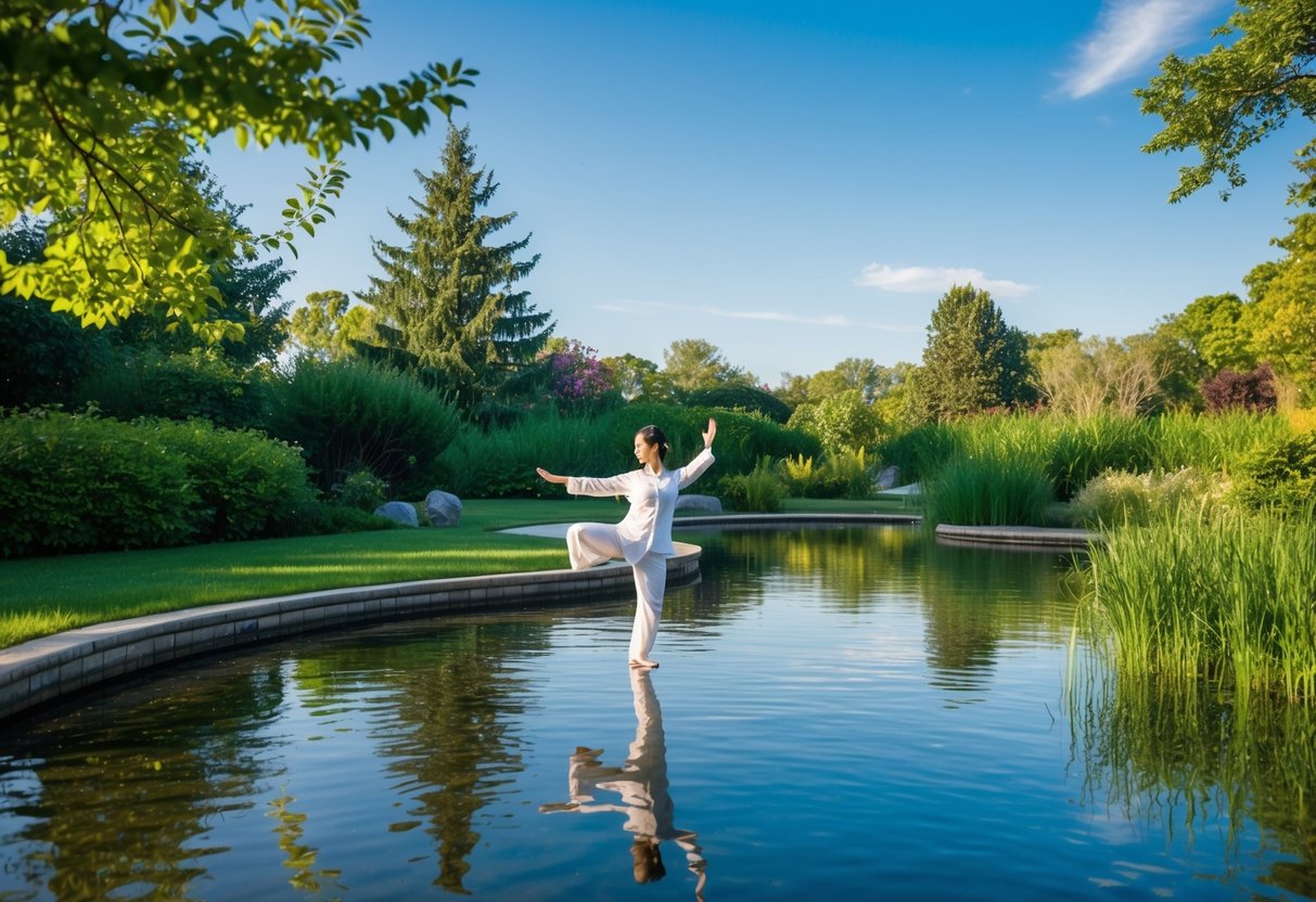 A serene outdoor setting with a tranquil pond, surrounded by lush greenery and a clear blue sky. A figure gracefully performs Tai Chi movements near the water's edge