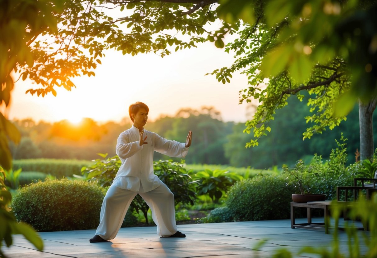 A serene garden at sunrise, with a figure performing Tai Chi among lush greenery and a peaceful atmosphere