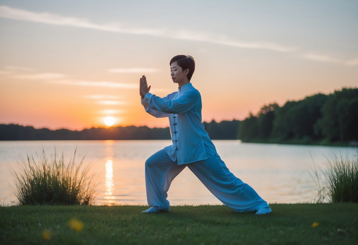 A serene figure practicing Tai Chi at sunset by a tranquil lake