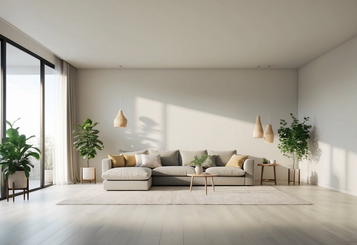 A serene living room with soft, natural lighting. A large open space with a clean, uncluttered floor. A peaceful atmosphere with plants and calming decor