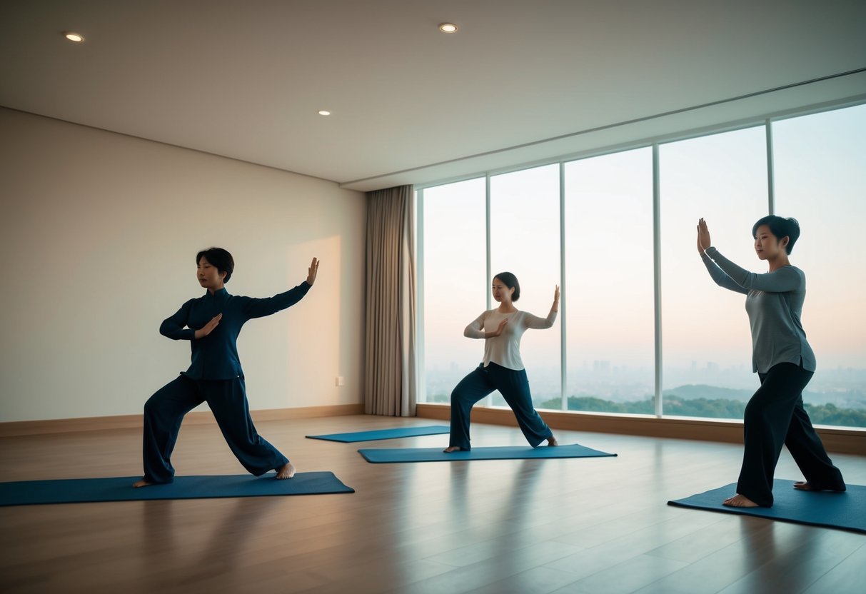 A serene, clutter-free room with soft lighting and a large open space for practicing Tai Chi