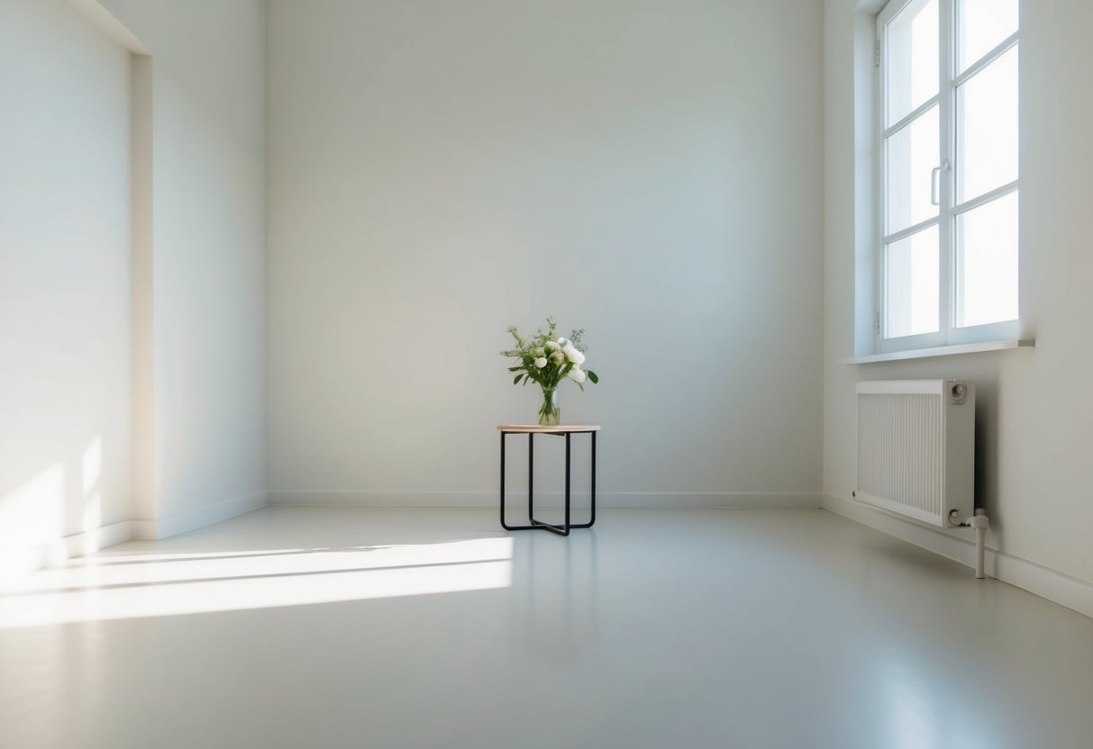 A serene room with soft lighting, a clean and open floor space, and minimal distractions. A small table holds a vase of fresh flowers, and a window lets in natural light