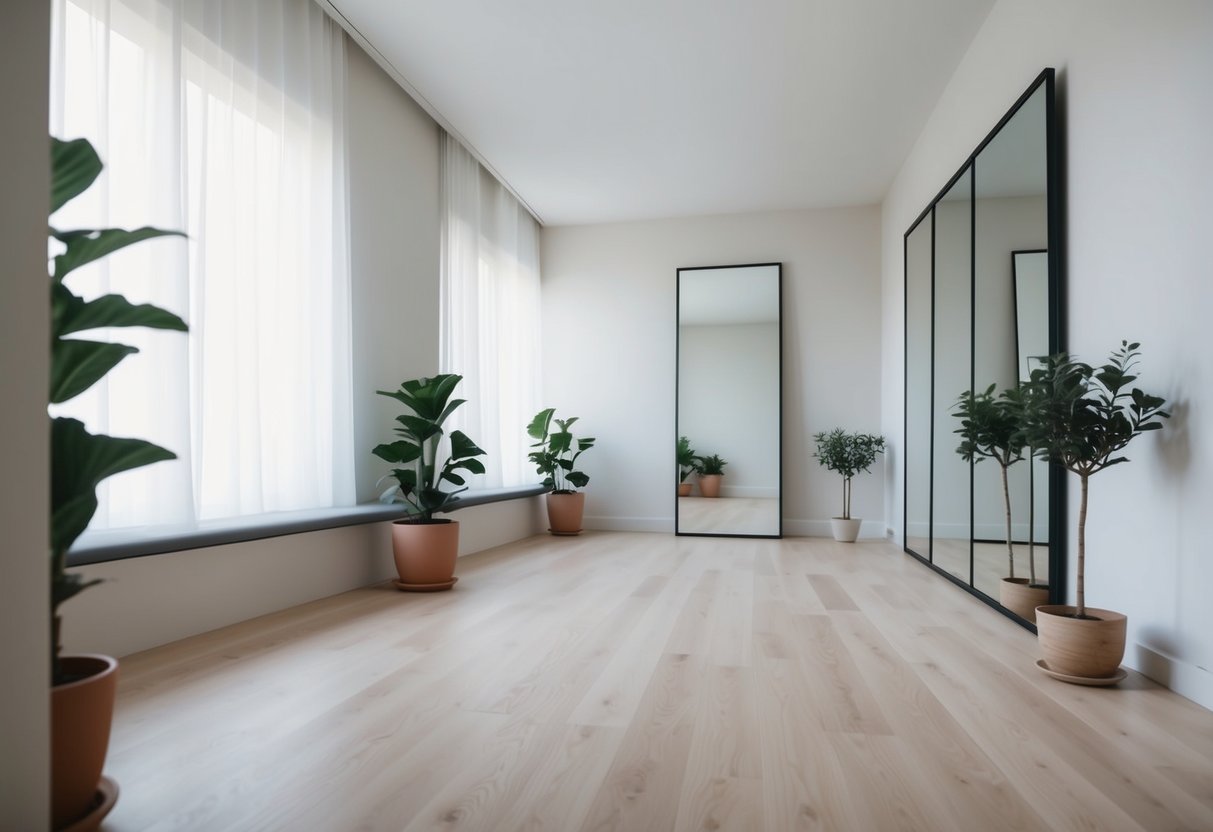 A serene and spacious room with soft lighting, a smooth wooden floor, and minimal furniture. A large mirror and potted plants add to the calming atmosphere