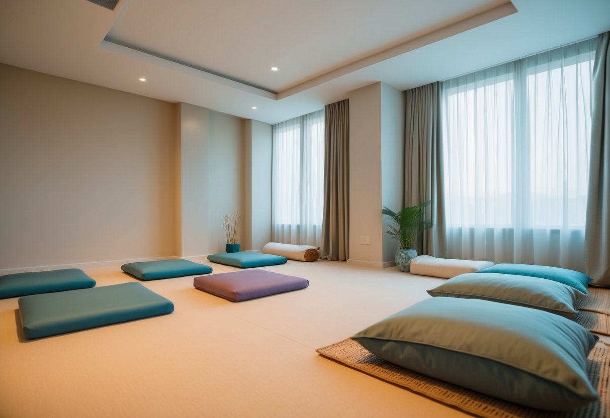 A serene room with soft lighting, open space, and minimal clutter. A padded floor, calming colors, and natural elements create a peaceful atmosphere for Tai Chi practice